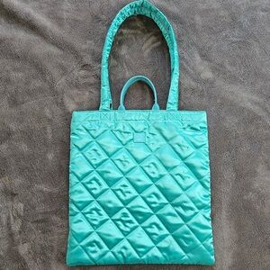 ACNE Quilted Face Logo Satin Tote Bag in Jade Green FW21